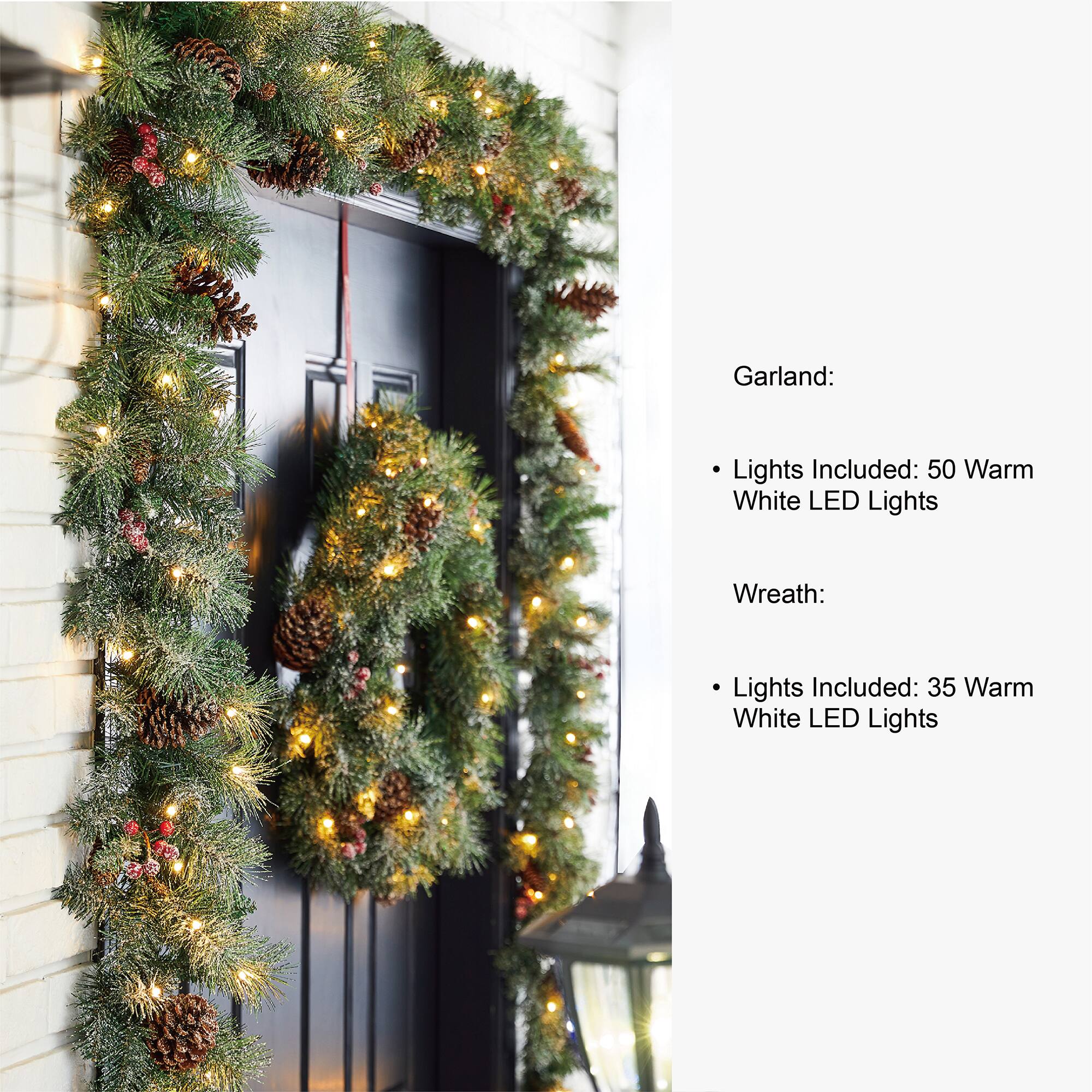 5-Piece Pre-Lit Glittered Pinecone Christmas Wreath, Garland & Flocked Christmas Tree, Warm White Lights
